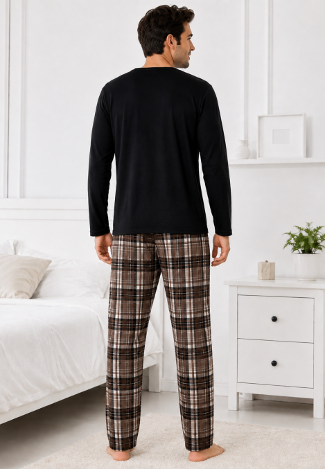 Pijama barbati Serena cu maneca lunga si pantalon lung-Negru,Engros